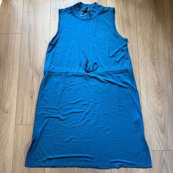 NWOT Eileen Fisher Mock Neck Tie Waist Sleeveless Knee Length Dress Marine Blue - Picture 2 of 12